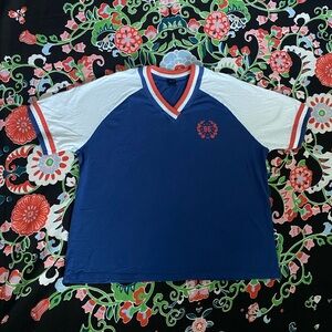 Blue and White V-Neck Tee with Red Trim